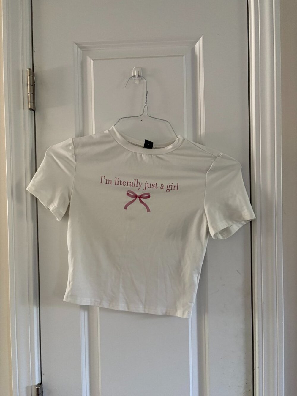 SHEIN White Baby Tee “I’m Literally Just a Girl” Pink Bow Graphic S